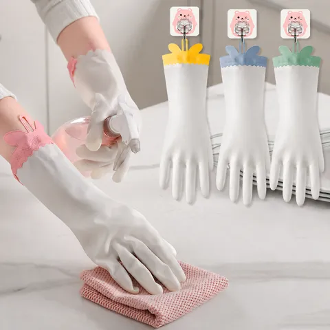 PVC Translucent Cute Rabbit Ear Dishwashing Gloves Waterproof Non-Slip Household Kitchen Cleaning Durable Housework Gloves