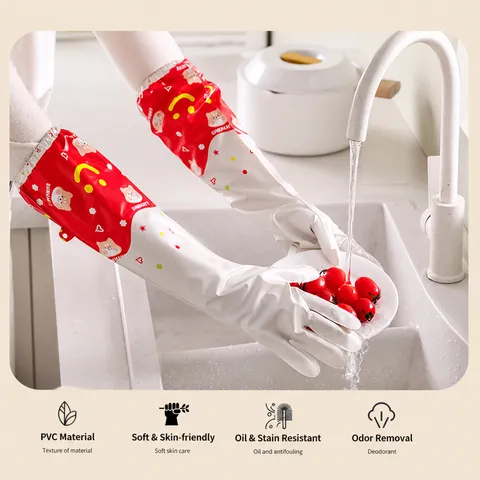 Household Cleaning Gloves Waterproof PVC Long Shiba Inu Design Fleece Lined Dishwashing Gloves For Kitchen Laundry Women