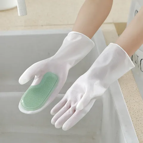 Multi-Functional Household Cleaning Gloves PVC Dishwashing Gloves With Silicone Brush Scrubbing Tool For Kitchen