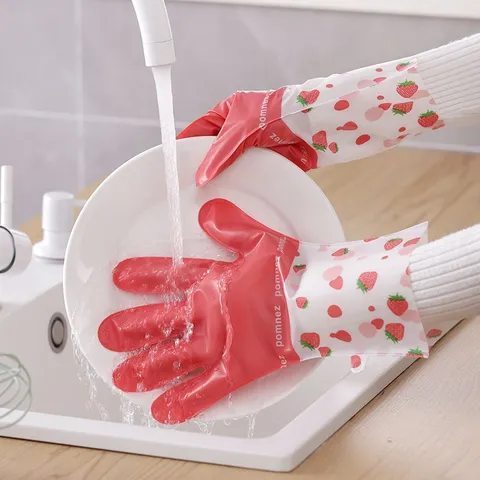 Durable PVC Household Cleaning Gloves Waterproof Dishwashing Gloves with Long Sleeves Strawberry Christmas Styles For Women
