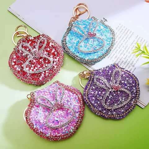 Cute Rhinestone Rabbit Ear Makeup Mirror Keychain Metal Artificial Pearl Quicksand Bag Pendant Ring Gift