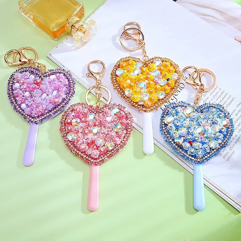 Rhinestone Heart Flower Mirror Car Keychain Cute Women Bag Pendant Key Chain Portable Makeup Mirror Hanging Decoration