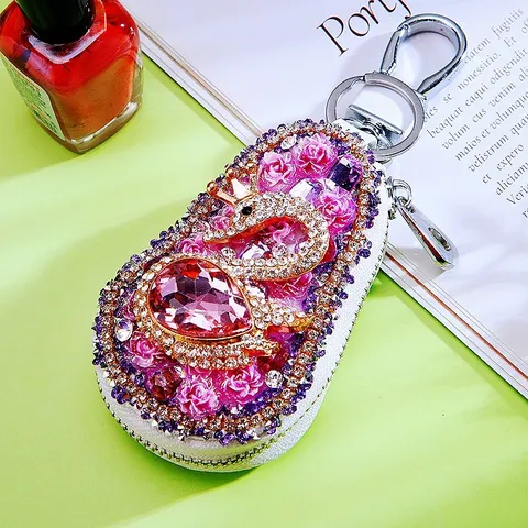 Full Rhinestone Swan Car Key Case Women Cute Leather Key Chain Holder Zipper Key Organizer Purse Wallet Bag