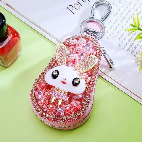 Women Leather Cute Cartoon Rabbit Key Case Full Rhinestone Car Key Bag Chain Pendant Key Organizer Wallet