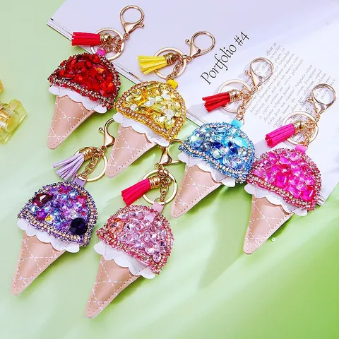 Cute Ice Cream Keychain PU Leather Rhinestone Tassel Bag Pendant Metal Key Ring Fashion Charm Jewelry Gift