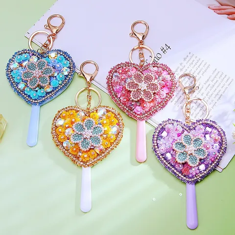 Rhinestone Heart Lollipop Makeup Mirror Keychain Cute Women Bag Pendant Key Ring Metal Key Chain Fashion Jewelry Gift