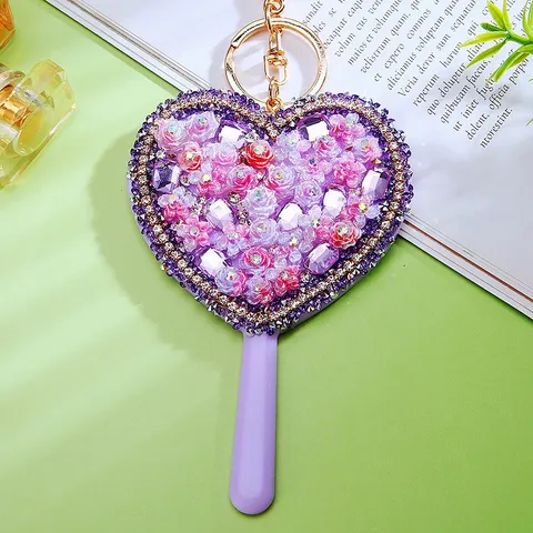 Rhinestone Heart Flower Mirror Car Keychain Cute Women Bag Pendant Key Chain Portable Makeup Mirror Hanging Decoration