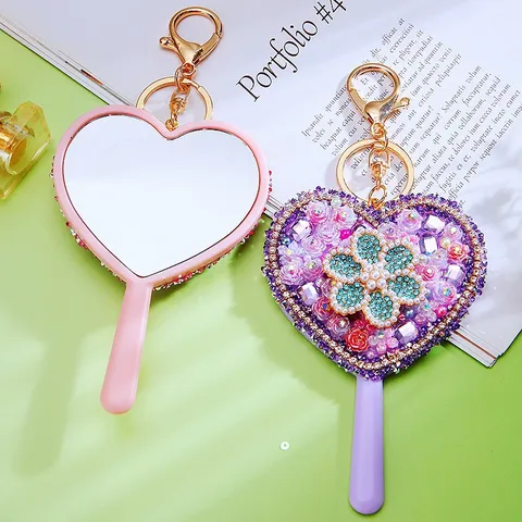 Rhinestone Heart Lollipop Makeup Mirror Keychain Cute Women Bag Pendant Key Ring Metal Key Chain Fashion Jewelry Gift
