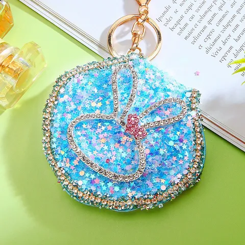 Cute Rhinestone Rabbit Ear Makeup Mirror Keychain Metal Artificial Pearl Quicksand Bag Pendant Ring Gift