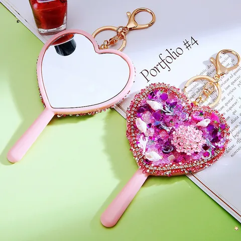 Heart Shaped Makeup Mirror Keychain Rhinestone Pearl Sweet Style Bag Pendant Car Key Ring For Women