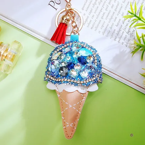 Cute Ice Cream Keychain PU Leather Rhinestone Tassel Bag Pendant Metal Key Ring Fashion Charm Jewelry Gift