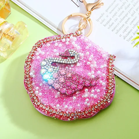 Cute Rhinestone Swan Mirror Keychain Women Bag Pendant Portable Makeup Mirror Metal Key Ring Gift