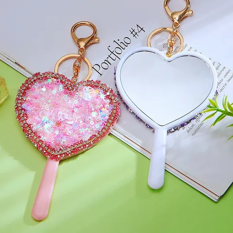 Heart Shaped Quicksand Sequin Makeup Mirror Keychain Cute Rhinestone Metal Bag Pendant Car Key Ring Charm For Women