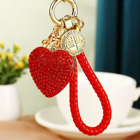 Cute Rhinestone Heart Car Keychain Metal Woven Rope Bag Pendant Creative Key Chain Ring Gift For Women