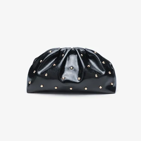 Women Fashion Pleated Clutch Bag PU Leather Ruched Shoulder Crossbody Bag With Mushroom Studs Chain Design Daily Handbag