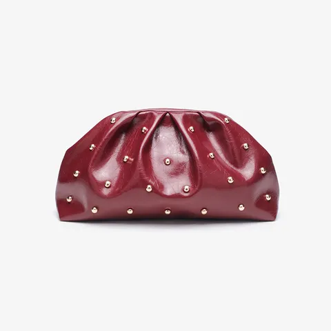 Women Fashion Pleated Clutch Bag PU Leather Ruched Shoulder Crossbody Bag With Mushroom Studs Chain Design Daily Handbag