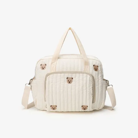 Quilted Mommy Diaper Bag Portable Travel Shoulder Crossbody Bag Cute Bear Tulip Embroidered Lightweight Handbag For Women