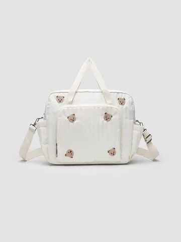 Women Large Capacity Cotton Diaper Bag Cute Bear Embroidery Quilted Tote Bag Casual Handbag Travel Shoulder Crossbody Bag