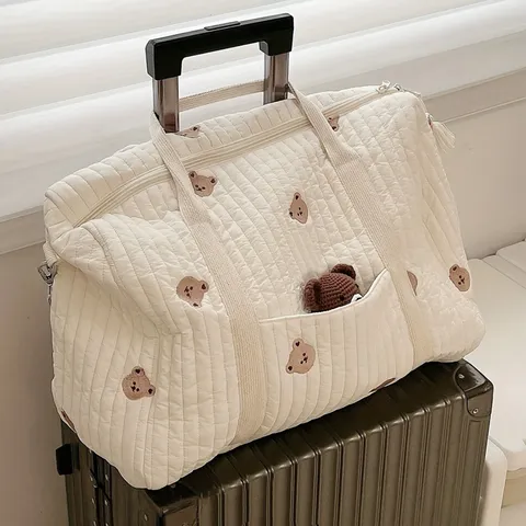 Cute Bear Embroidered Quilted Cotton Mommy Bag Diaper Bag Large Capacity Stroller Hanging Tote Bag