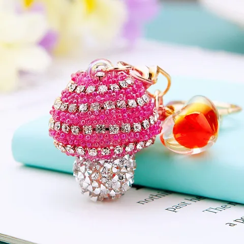 Cute Rhinestone Striped Mushroom Car Keychain Metal Sparkling Heart Pendant Bag Charm Key Ring Fashion Accessories Gift