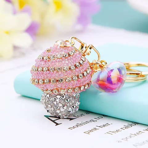 Cute Rhinestone Striped Mushroom Car Keychain Metal Sparkling Heart Pendant Bag Charm Key Ring Fashion Accessories Gift