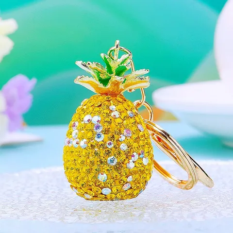 Cute Rhinestone Fruit Pineapple Car Keychain Clay Metal Key Chain Ring Bag Pendant For Women Men Couple Gift