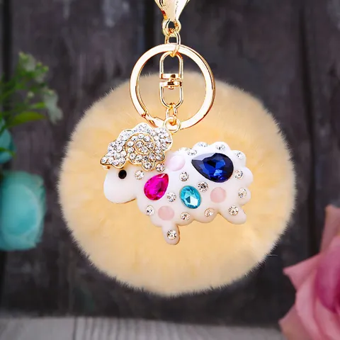 Cute Rhinestone Sheep Plush Ball Car Keychain Metal Key Ring Bag Pendant Creative Gift Accessory