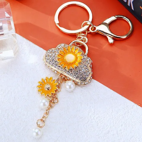 Sunflower Bag Shape Keychain Metal Rhinestone Artificial Pearl Pendant Key Ring For Women Car Key Chain Bag Charm Gift