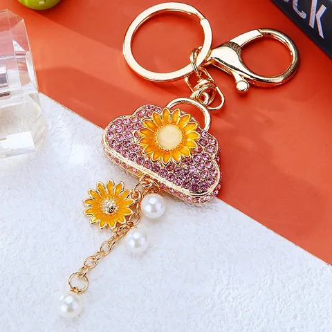 Sunflower Bag Shape Keychain Metal Rhinestone Artificial Pearl Pendant Key Ring For Women Car Key Chain Bag Charm Gift