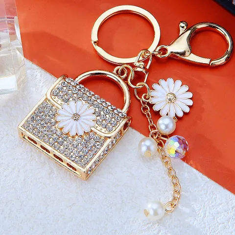 Rhinestone Daisy Small Square Bag Car Keychain Women Bag Charm Metal Key Chain Ring Gift
