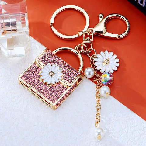 Rhinestone Daisy Small Square Bag Car Keychain Women Bag Charm Metal Key Chain Ring Gift