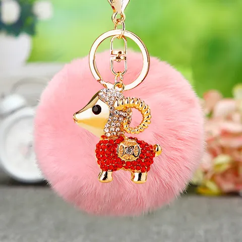 Cute Lucky Sheep Metal Rhinestone Keychain With Fluffy Plush Ball Cute Bag Pendant Car Key Ring Creative Gift Accessories
