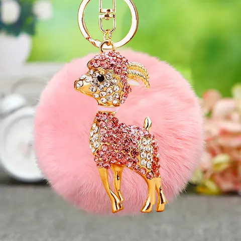 Metal Rhinestone Goat Keychain Cute Plush Ball Car Key Chain Bag Pendant Women Gift