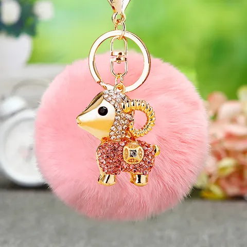 Cute Lucky Sheep Metal Rhinestone Keychain With Fluffy Plush Ball Cute Bag Pendant Car Key Ring Creative Gift Accessories