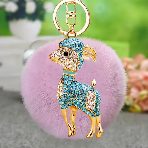 Metal Rhinestone Goat Keychain Cute Plush Ball Car Key Chain Bag Pendant Women Gift