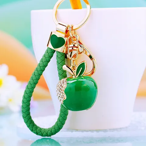 Cute Apple Car Keychain Woven Rope Rhinestone Red Green Apple Bag Pendant Women Key Ring Fashion Jewelry Gift
