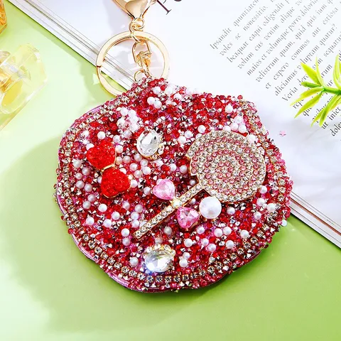 Creative Rhinestone Inlaid Cherry Keychain Portable Makeup Mirror Women Bag Pendant Cute Fashion Key Ring Gift