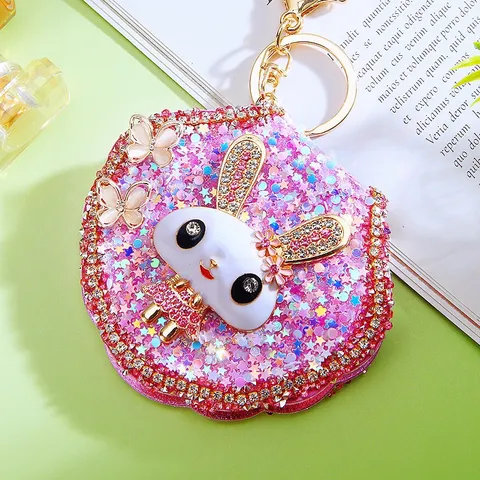 Cute Rabbit Rhinestone Mirror Car Keychain Women Bag Pendant Pearl Portable Makeup Mirror Key Chain Ring Gift