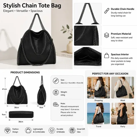Women Large Capacity Tote Bag Vintage PU Leather Chain Shoulder Bag Casual Fashion Retro Handbag Design