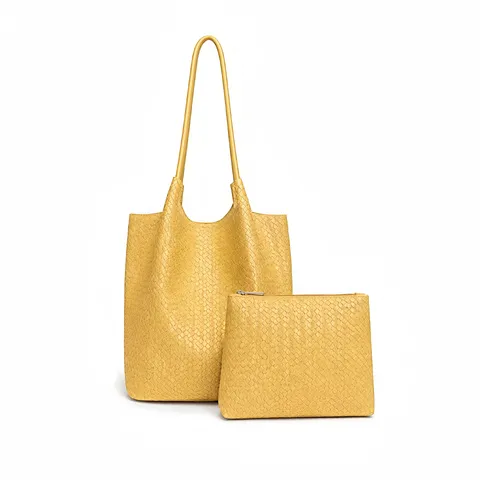 Women PU Leather Woven Tote Bag Large Capacity Commuting Shoulder Bag Retro Bucket Bag Elegant Female Handbag