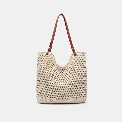 Large Capacity Women Woven Straw Tote Bag Casual Beach Vacation Commuting Shoulder Handbag Solid Color Shopper Bag