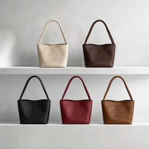 Woven PU Leather Shoulder Bag For Women Vintage Underarm Bucket Bag Casual Tote Handbag Top Handle Purse