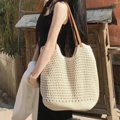 Large Capacity Women Woven Straw Tote Bag Casual Beach Vacation Commuting Shoulder Handbag Solid Color Shopper Bag