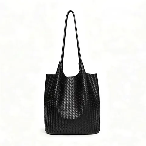 Women PU Leather Woven Tote Bag Large Capacity Commuting Shoulder Bag Retro Bucket Bag Elegant Female Handbag