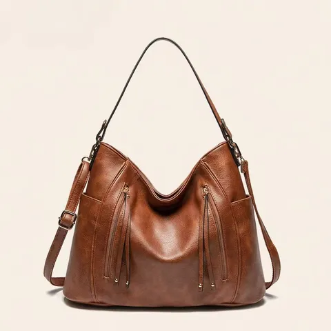 European Retro PU Leather Tote Bag Large Capacity Casual Travel Shoulder Bag Fashion Zipper Handbag For Women