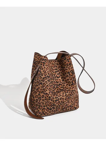 Women's Retro Suede Leopard Print Bucket Bag Large Capacity Shoulder Crossbody Tote Bag
