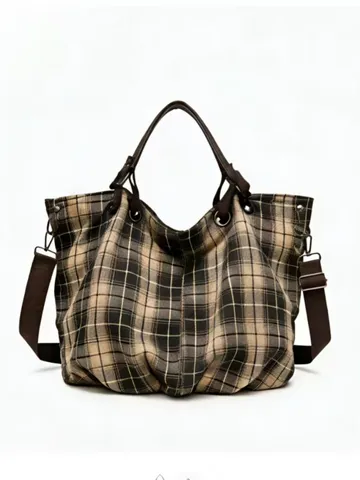 Retro Plaid Canvas Tote Bag For Women Large Capacity Shoulder Crossbody Bag Casual Daily Satchel Handbag