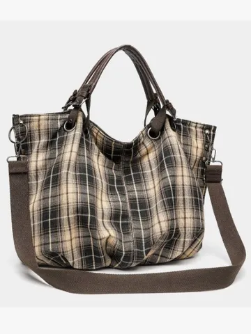 Retro Plaid Canvas Tote Bag For Women Large Capacity Shoulder Crossbody Bag Casual Daily Satchel Handbag