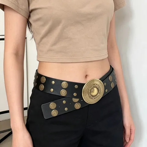 Vintage Punk Rivet Leather Belt For Women Retro Tang Grass Metal Buckle Y2K Streetwear Fashion Waist Belt