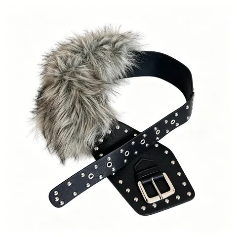 Women Y2K Punk Wide Leather Belt With Faux Fur Leopard Print Metal Rivets Eyelets Retro Heavy Duty Buckle Belt For Party